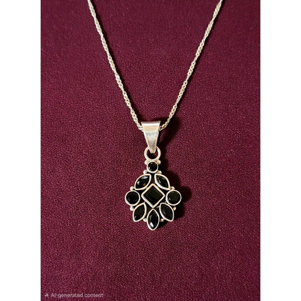 Vintage Sterling Silver 925 Italy Black Spinel Onyx Pendant Rope Necklace